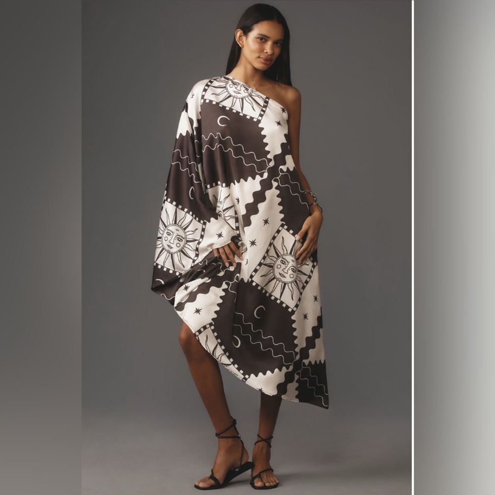 Anthropologie Tigre Indigo Silky One-Shoulder Kaftan